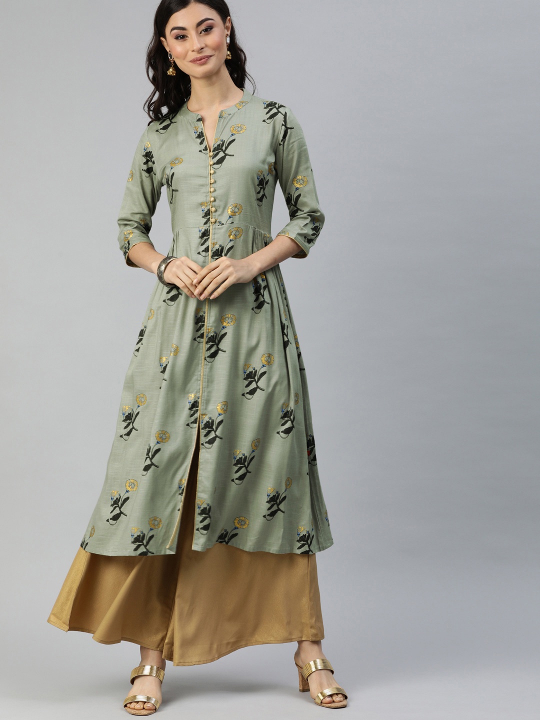 

Alena Women Grey & Black Floral Printed Pleated A-Line Kurta