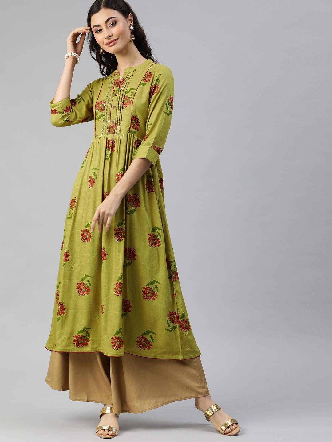 

Alena Women Lime Green & Red Floral Printed Sequined Pleated A-Line Kurta