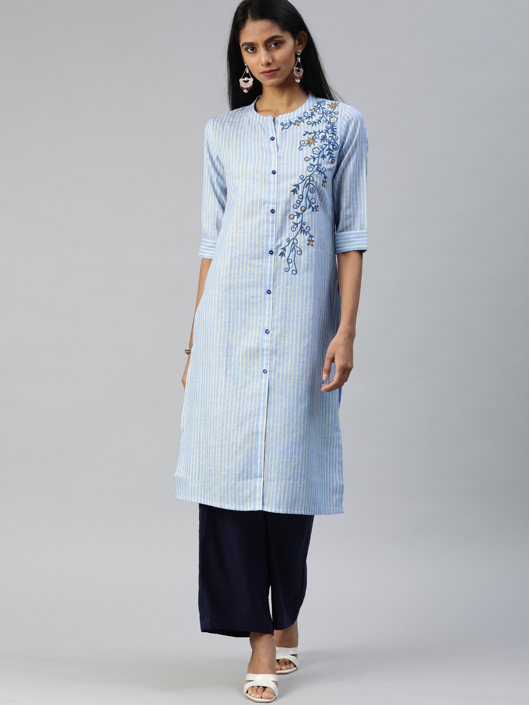 

Alena Women Blue & Yellow Striped Straight Kurta With Embroidery