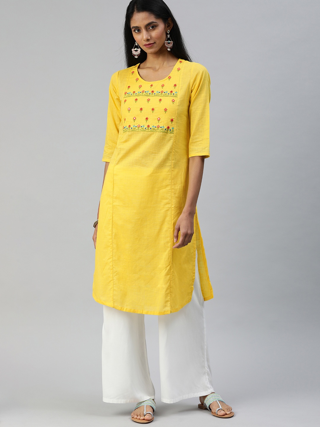 

Alena Women Yellow Embroidered Mirror Work Straight Kurta