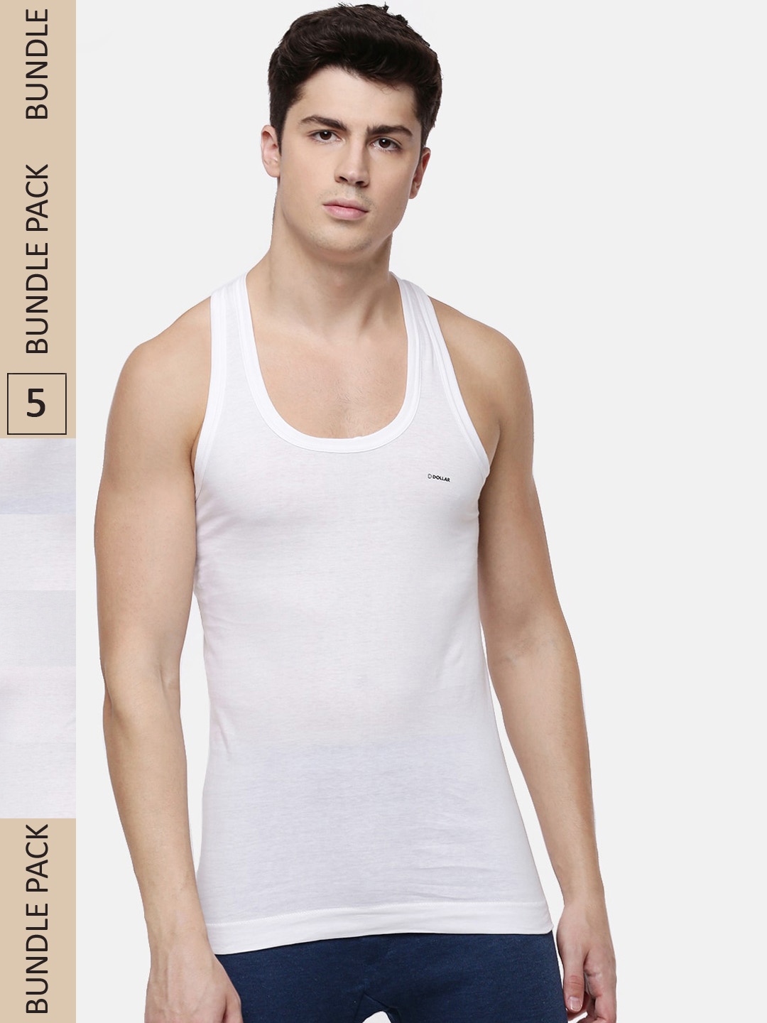 

Dollar Lehar Men Pack of 5 White Solid Innerwear Vests MLHVE-01-PO5