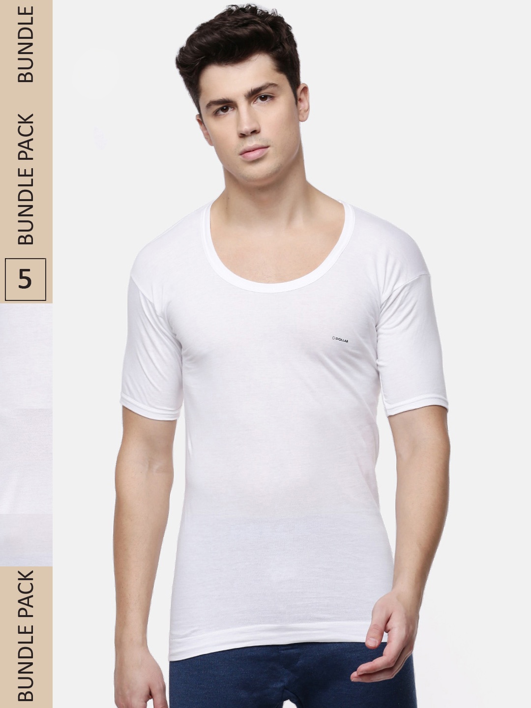 

Dollar Lehar Men Pack of 5 White Solid Innerwear Vests MLHVE-02-PO5
