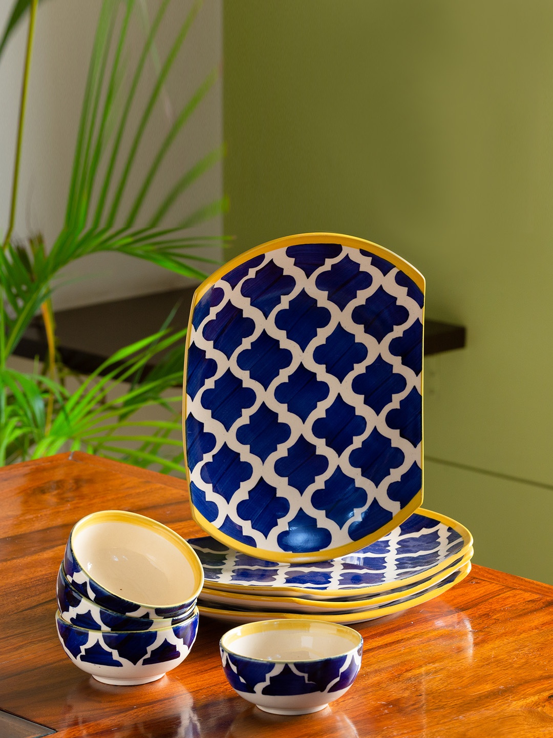 

ExclusiveLane Blue & White Set Of 8 Moroccan Ceramic Dinner Plates With Bowls