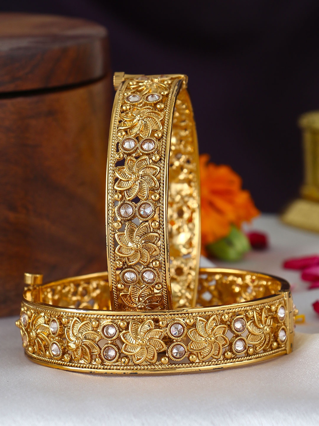 

Adwitiya Collection Set Of 2 24K Gold-Plated Stone-Studded Handcrafted Bangles