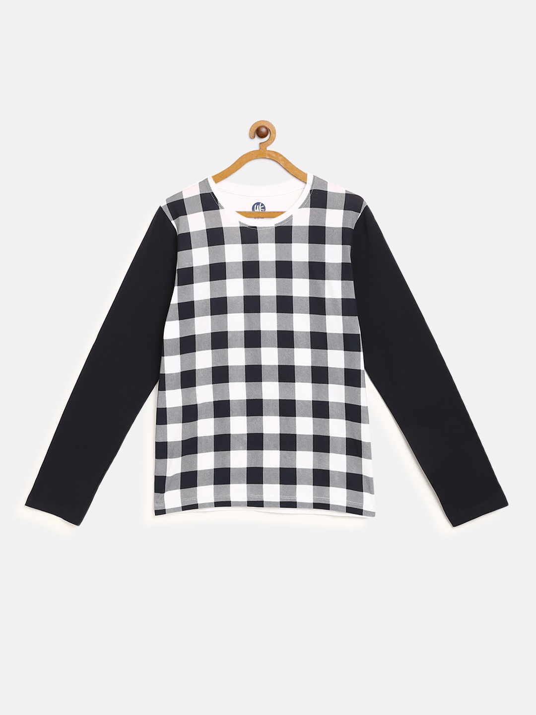 

YK Boys Navy & White Checked Round Neck T-shirt, Navy blue