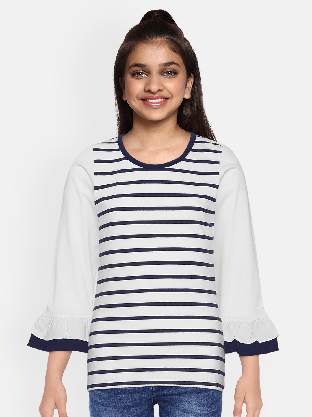 

YK Girls White & Navy Blue Pure Cotton Striped Bell Sleeves Regular Top