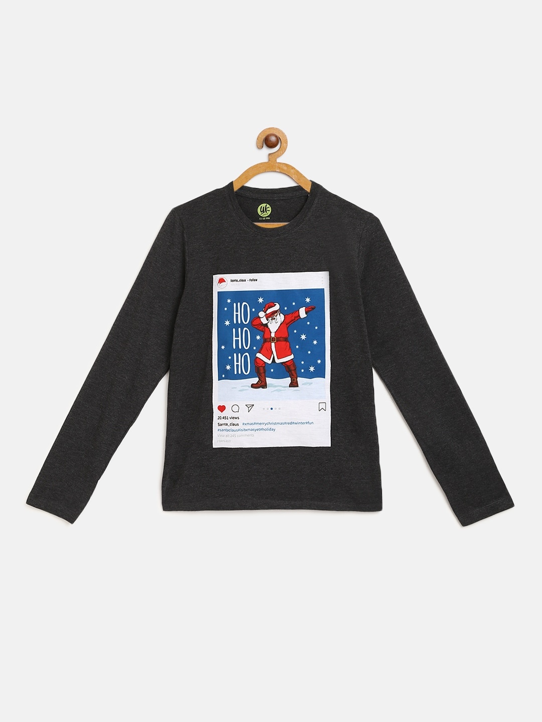 

YK Boys Charcoal Grey & Red Santa Claus Print Round Neck T-shirt