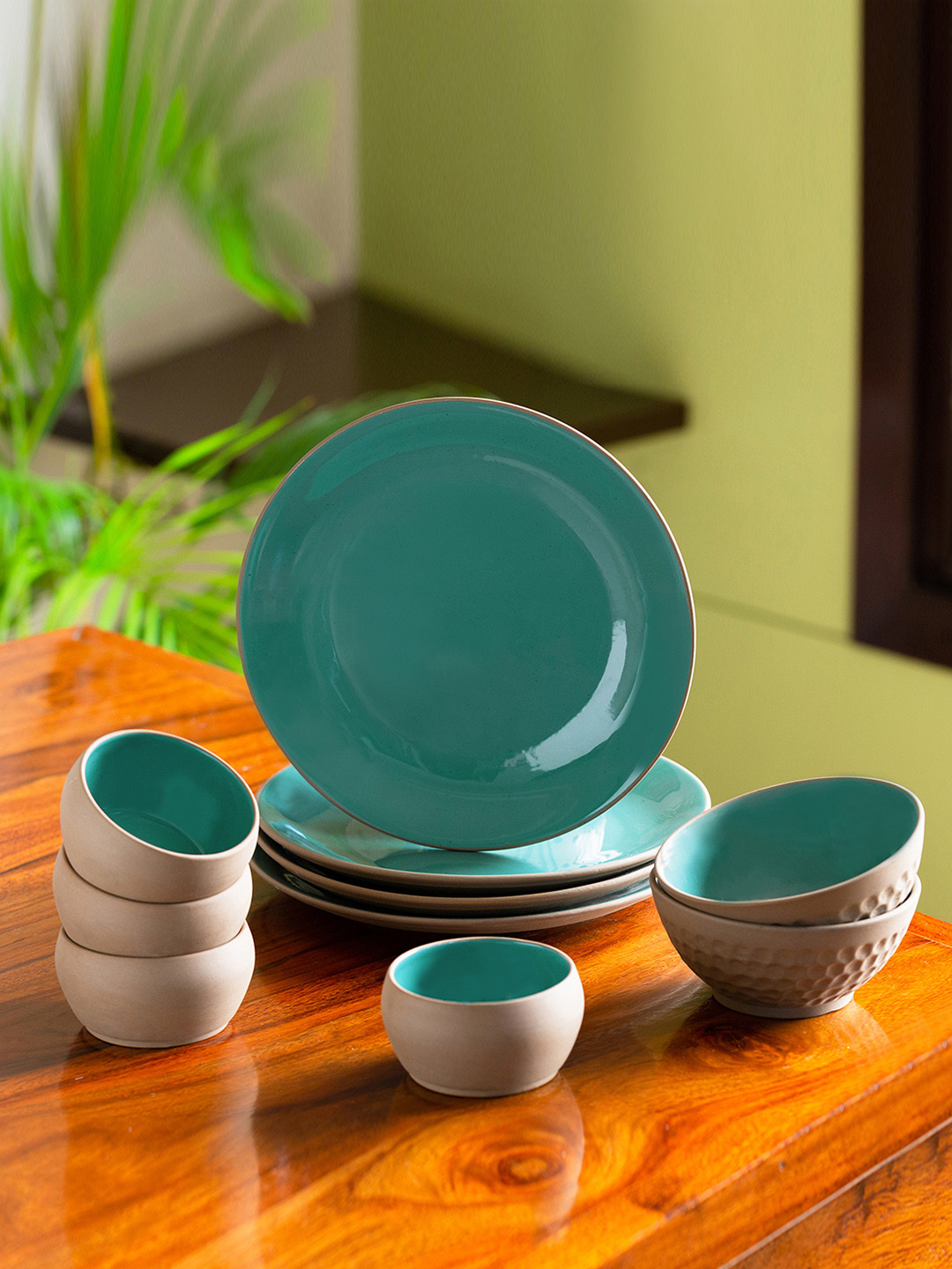 

ExclusiveLane Sea Green Set Of 10 Earthen Ceramic Dinner Plates With Serving Bowls, Turquoise blue