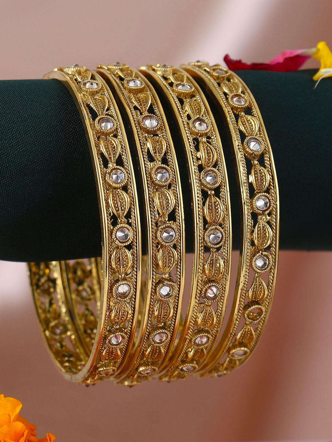 

Adwitiya Collection Women Set of 4 24K Gold-Plated Stone-Studded Handcrafted Bangles