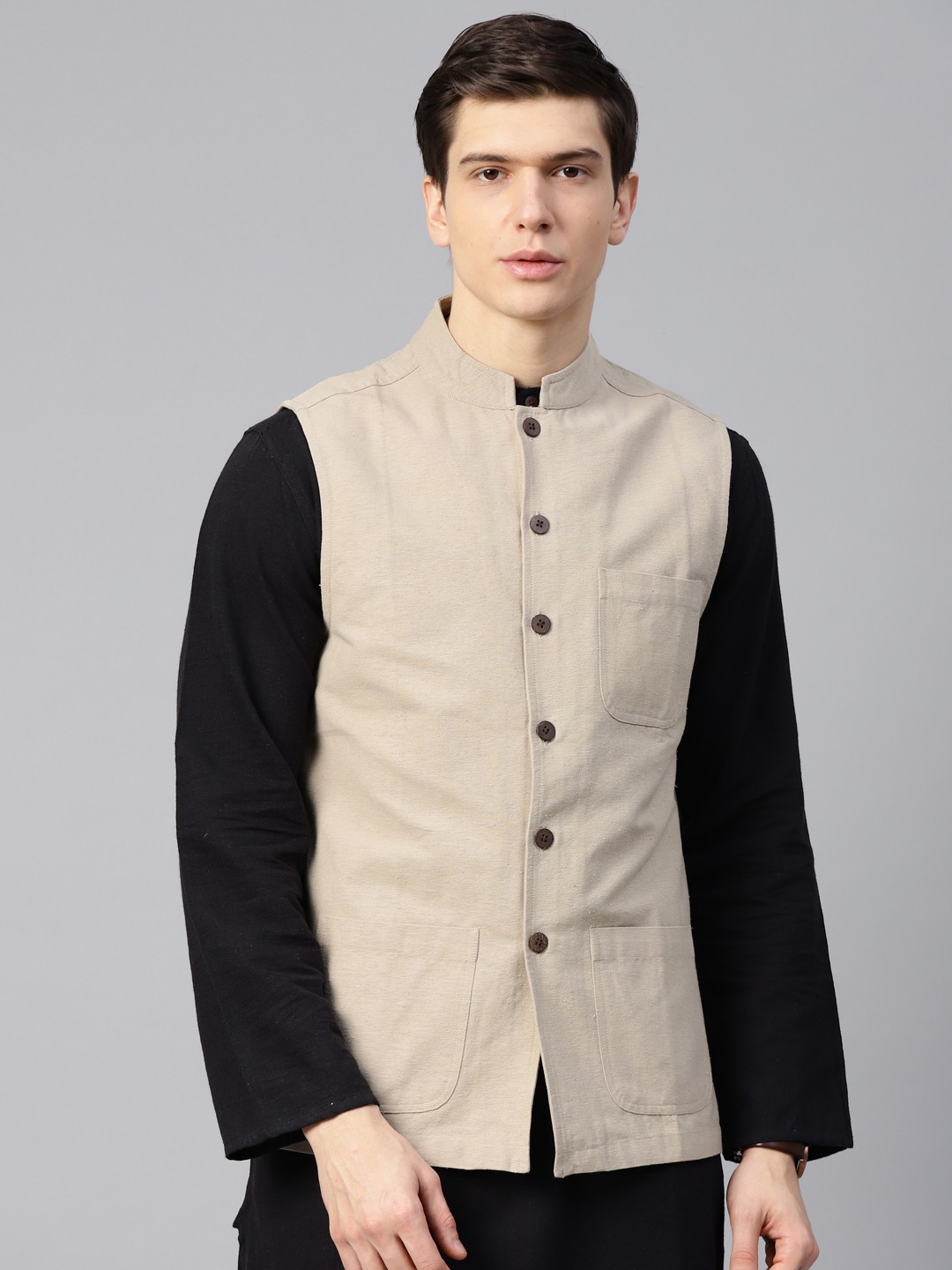 

Fabindia Men Beige Solid Pure Cotton Nehru Jacket