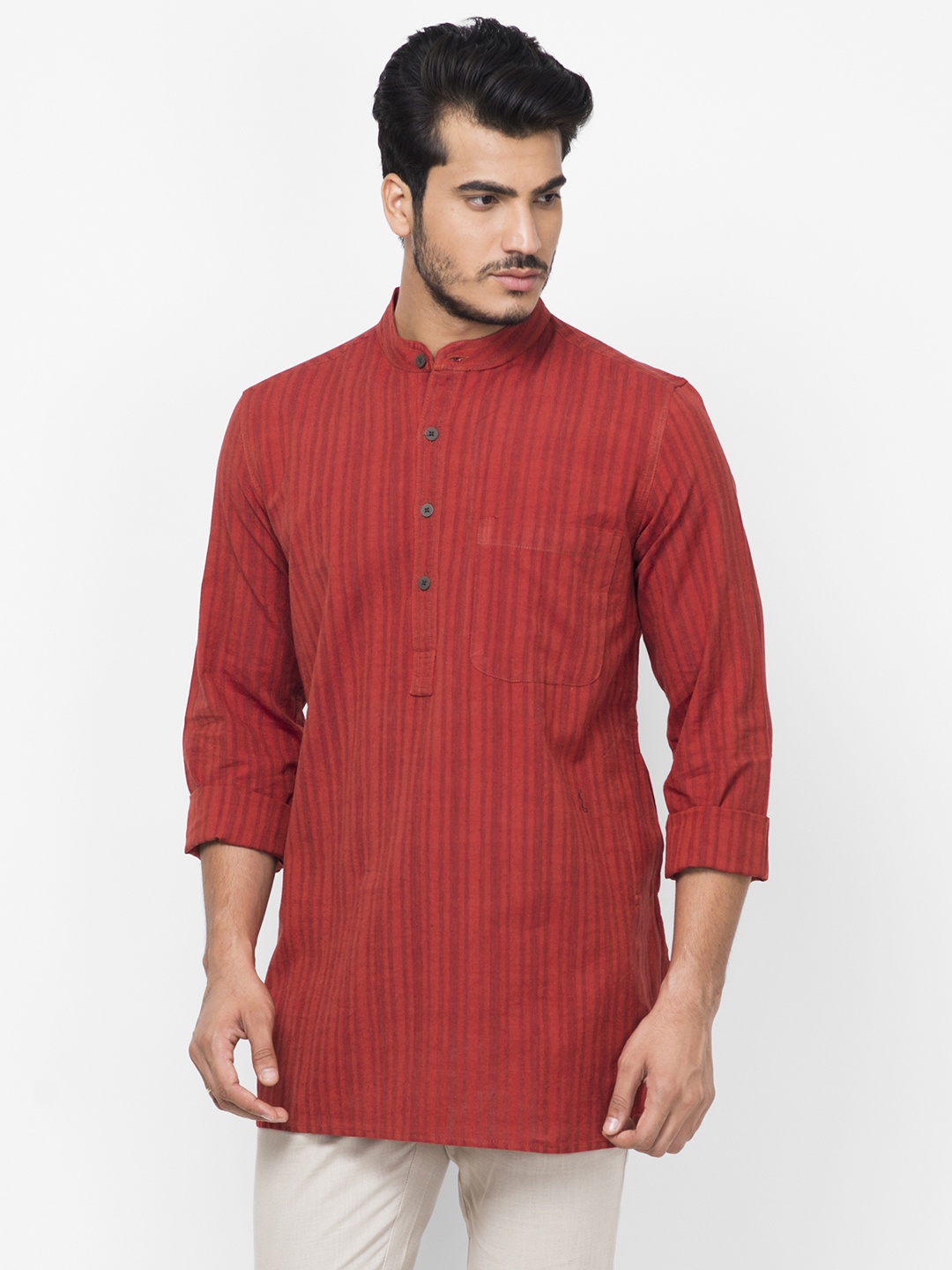 

Fabindia Men Red Striped Straight Kurta