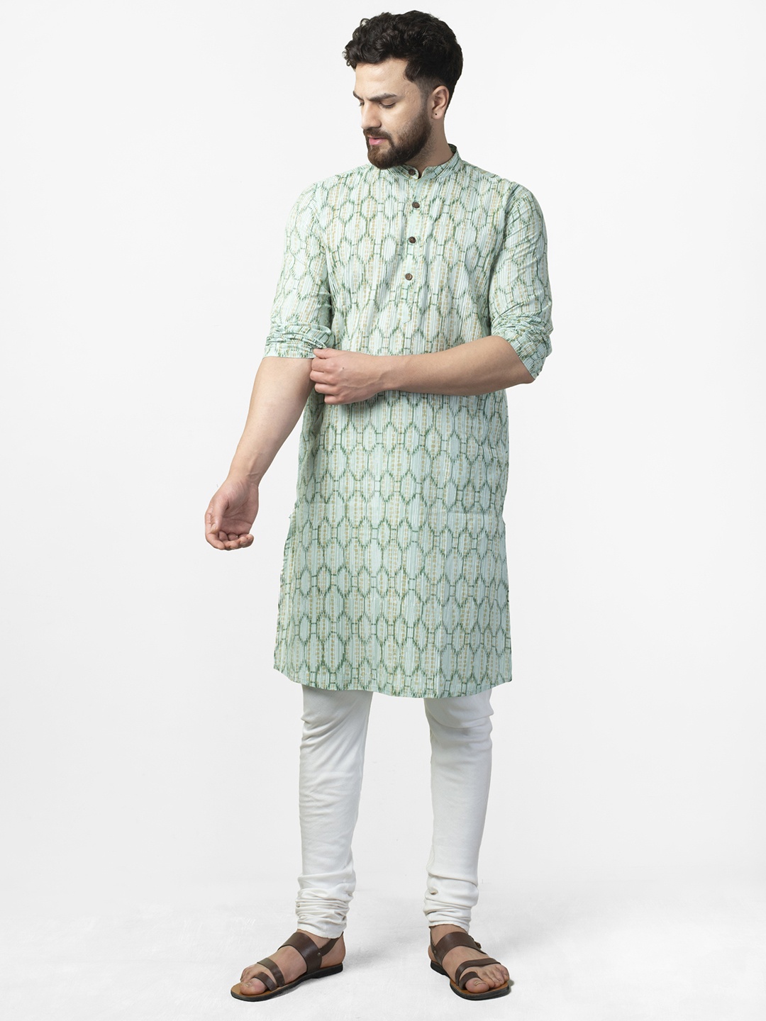 

Fabindia Men Green & White Slim Fit Handblock Print Straight Kurta