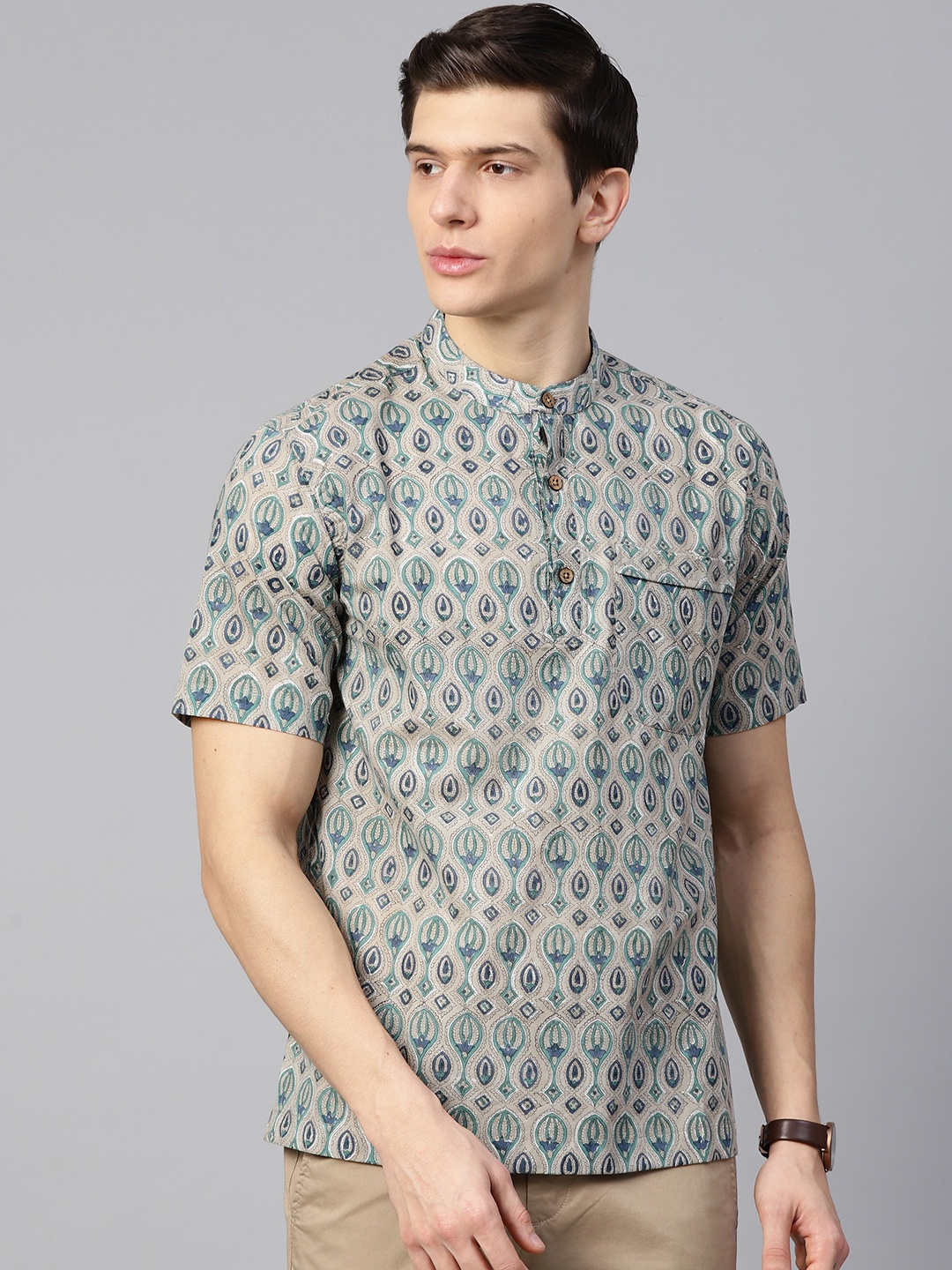 

Fabindia Men Grey & Green Printed Straight Kurta