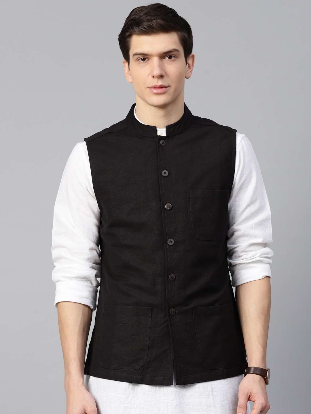 

Fabindia Men Black Solid Pure Cotton Nehru Jacket