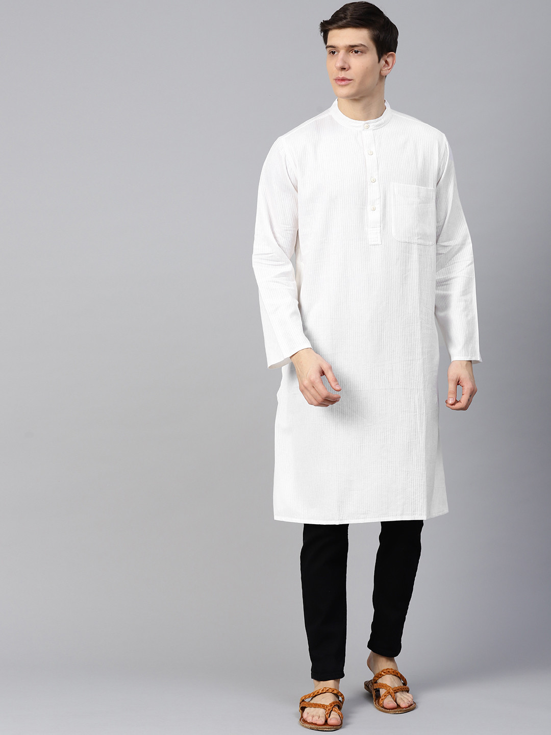 

Fabindia Men White Self-Striped Straight Kurta