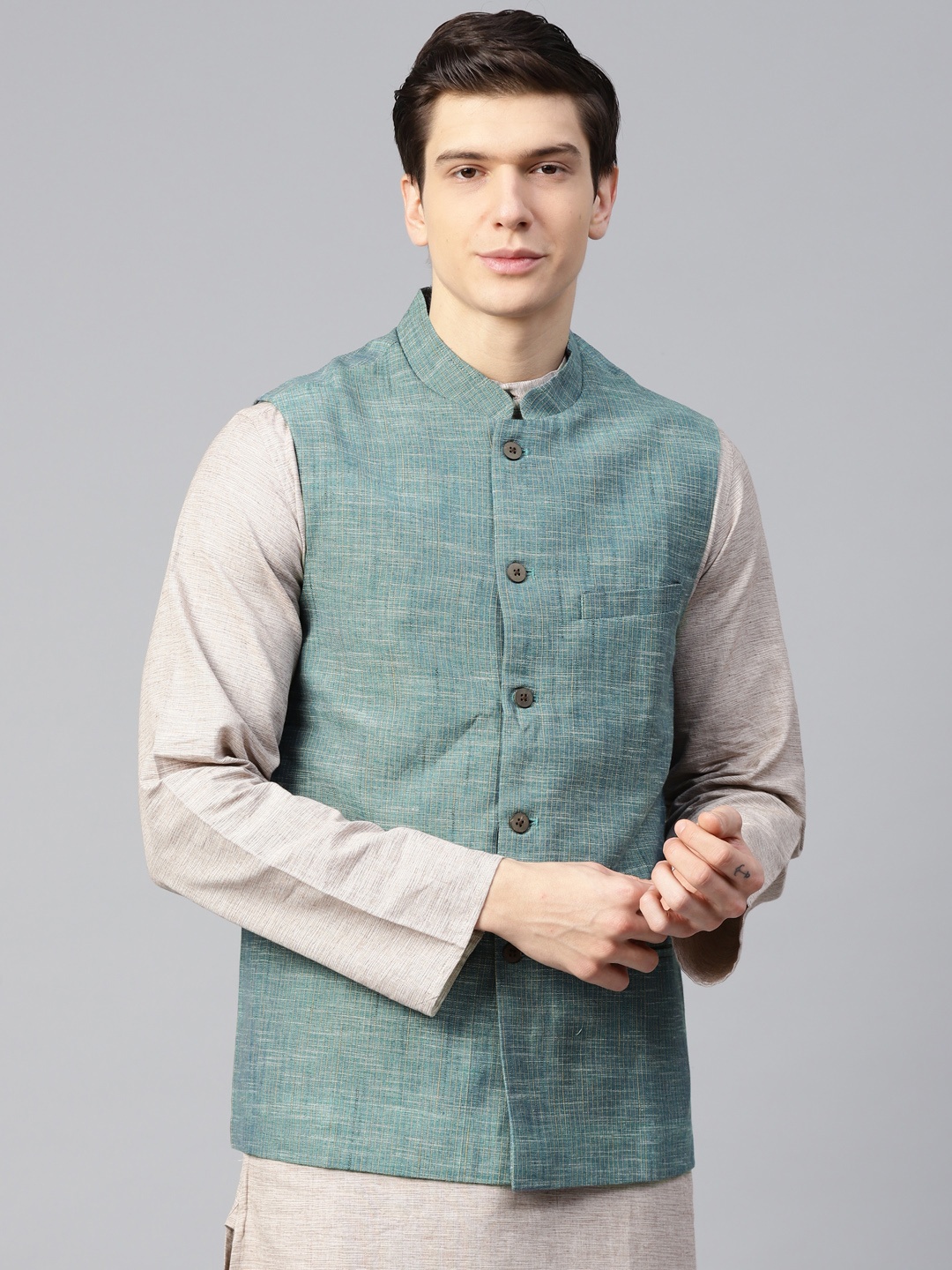 

Fabindia Men Green & Beige Striped Pure Cotton Nehru Jacket