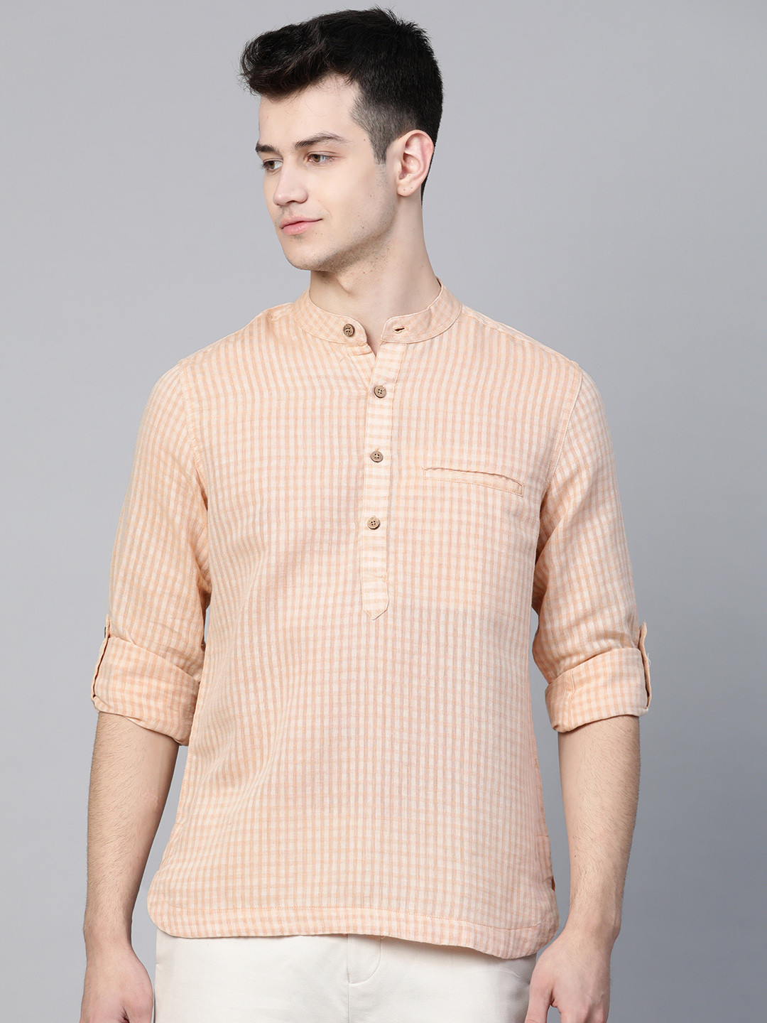 

Fabindia Men Beige & Off-White Slim Fit Checked Straight Kurta