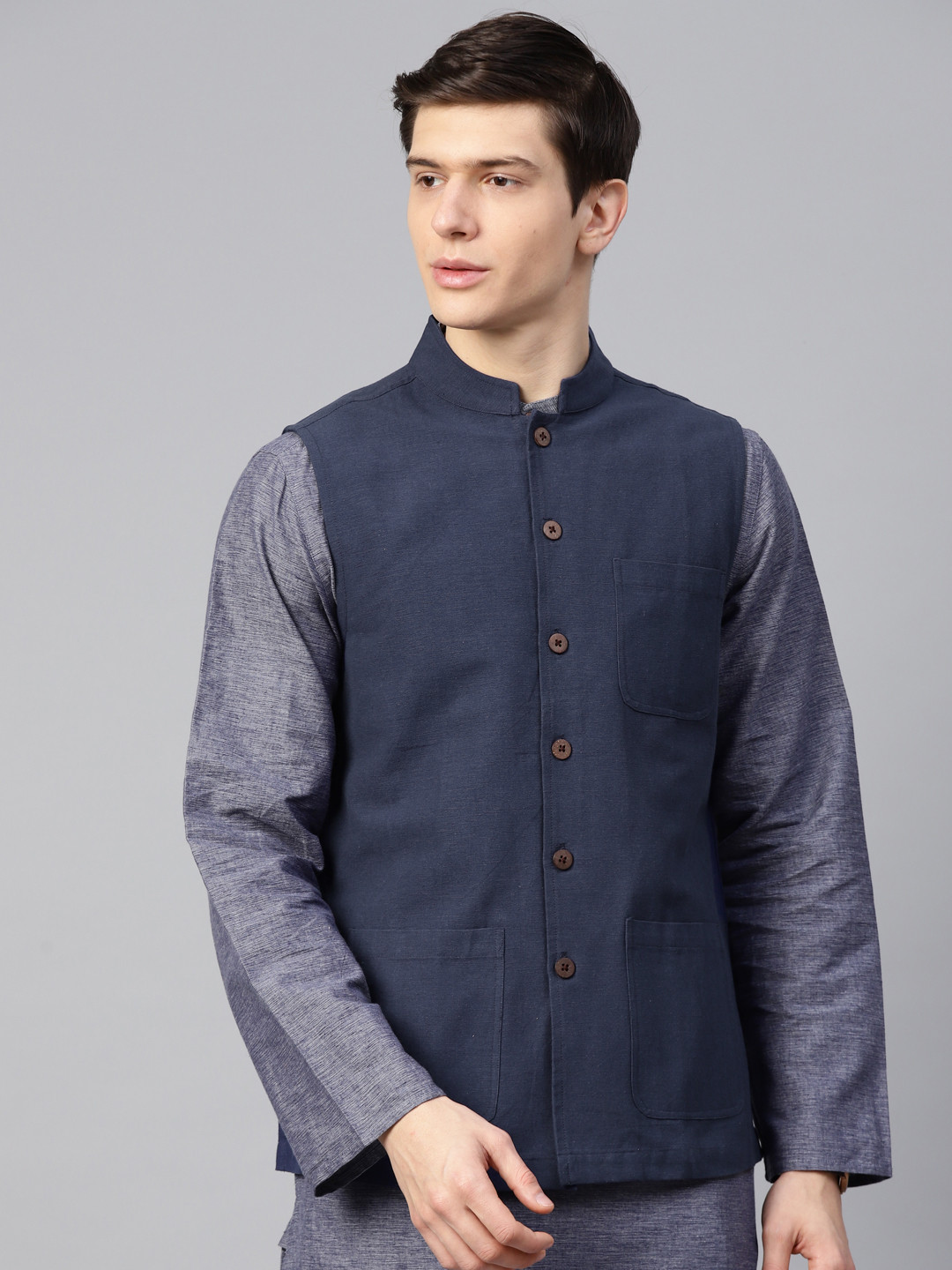 

Fabindia Men Navy Solid Pure Cotton Nehru Jacket, Navy blue