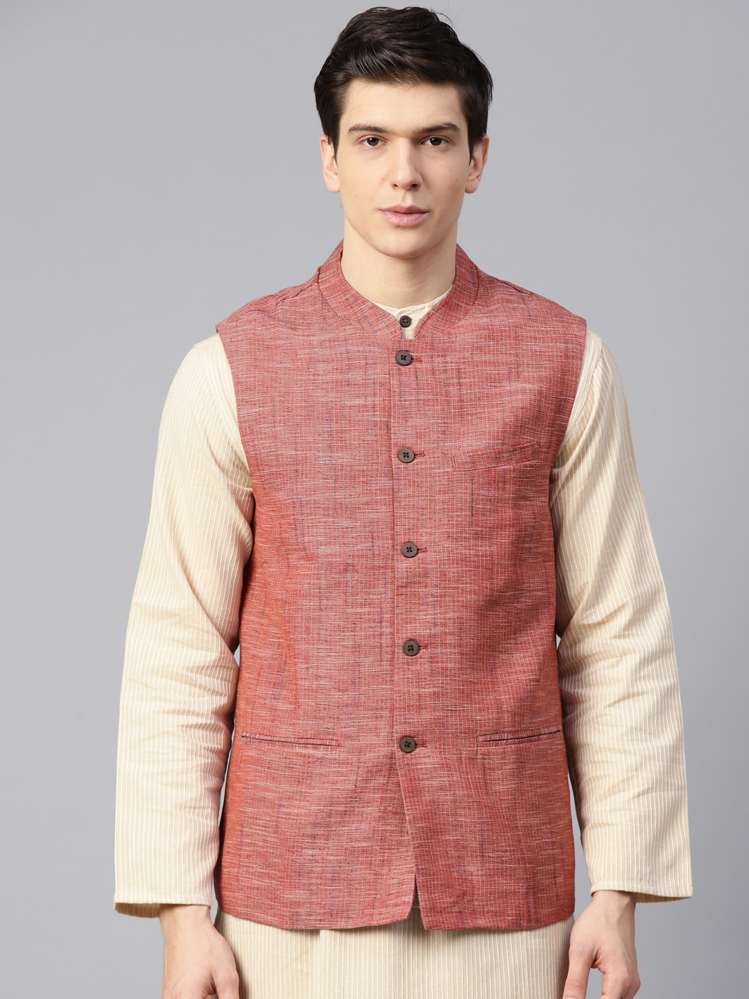 

Fabindia Men Red Woven Design Pure Cotton Nehru Jacket