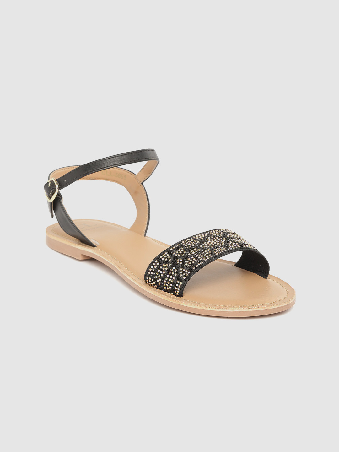 

Carlton London Women Black & Gold-Toned Studded Open Toe Flats