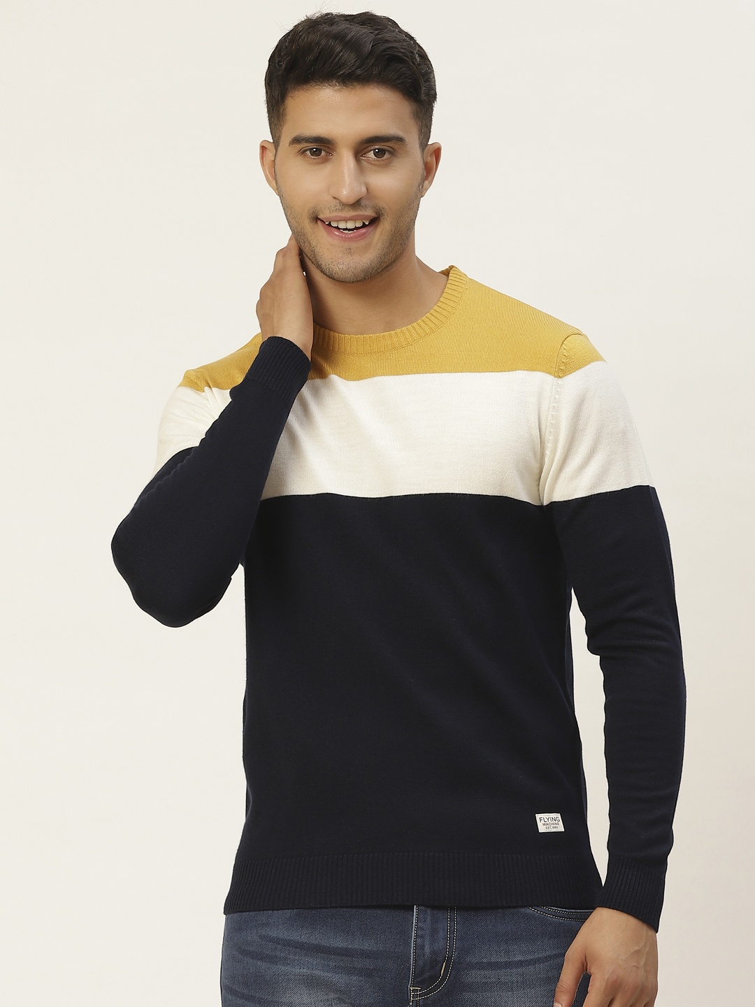 

Flying Machine Men Navy Blue & Mustard Colourblocked Pullover Sweater