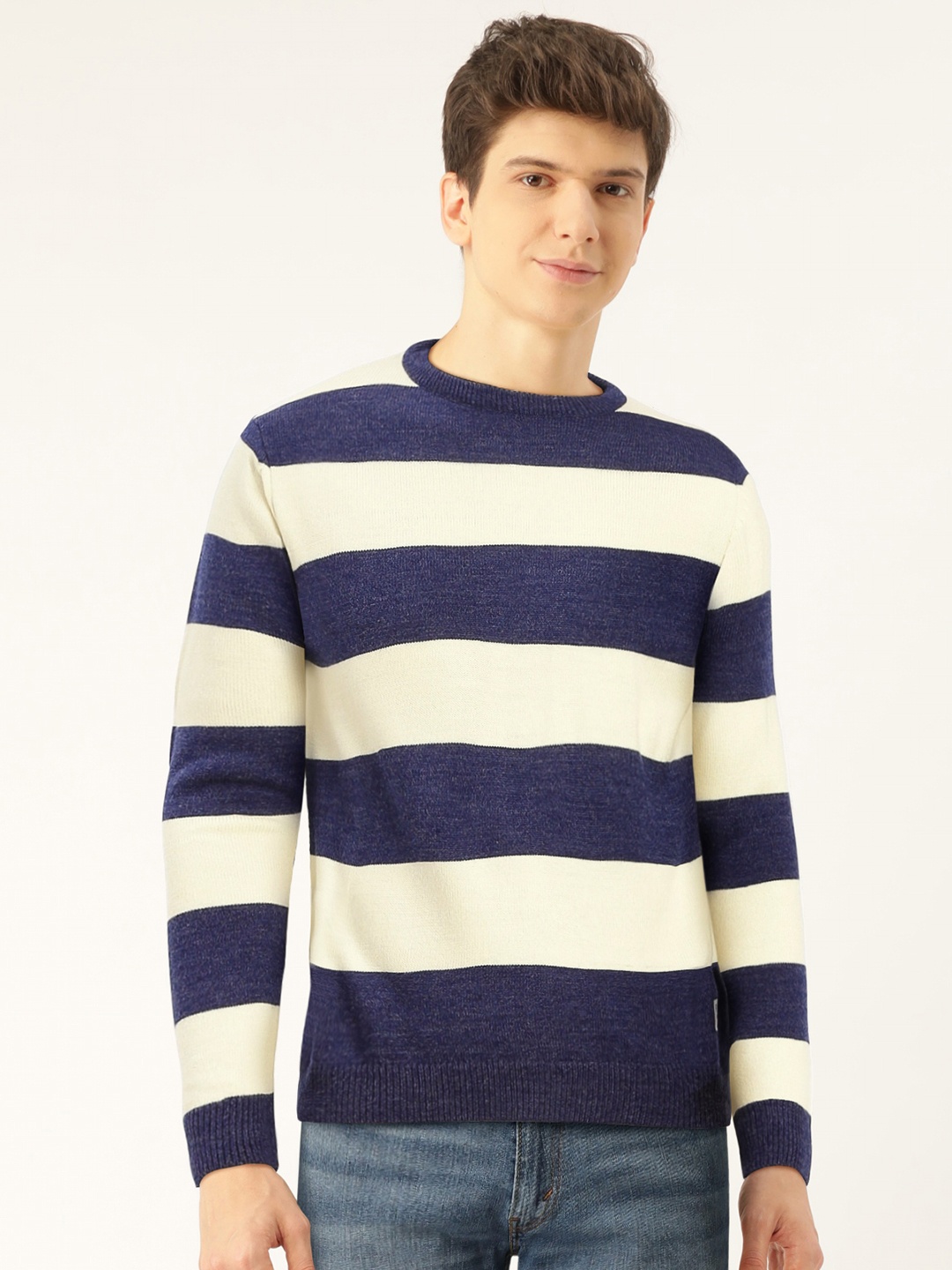 

Flying Machine Men Navy Blue & White Striped Pullover Sweater