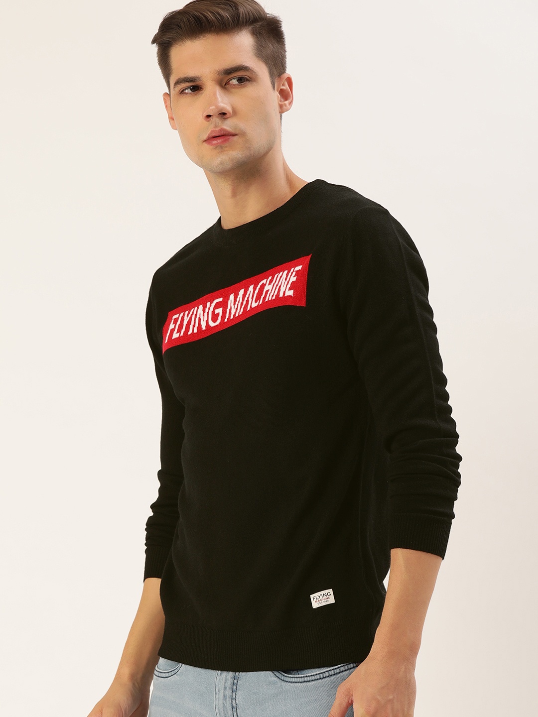 

Flying Machine Men Black Brand Logo Printed Pullover Sweater