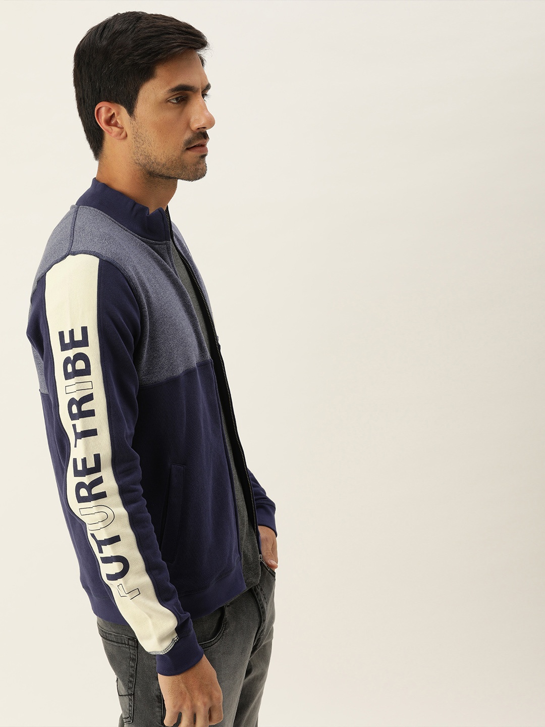 

Flying Machine Men Navy Blue Colourblocked Sweatshirt with Print Detail
