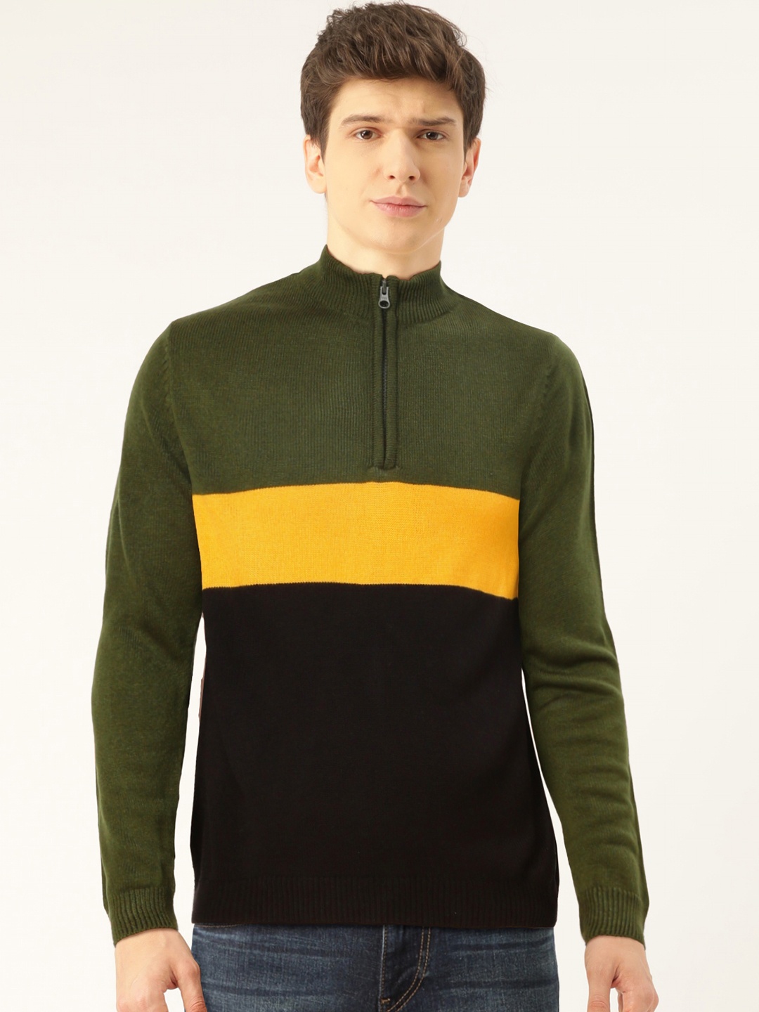 

Flying Machine Men Olive Green & Black Colourblocked Pullover Sweater