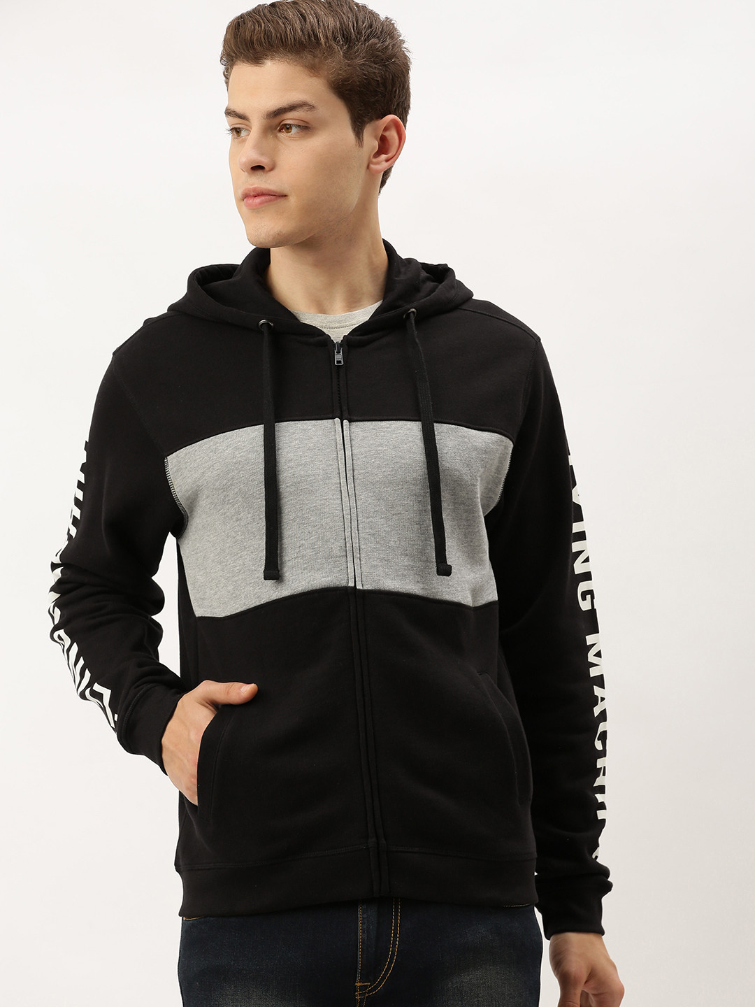 

Flying Machine Men Black & Grey Colourblocked Hooded Sweatshirt
