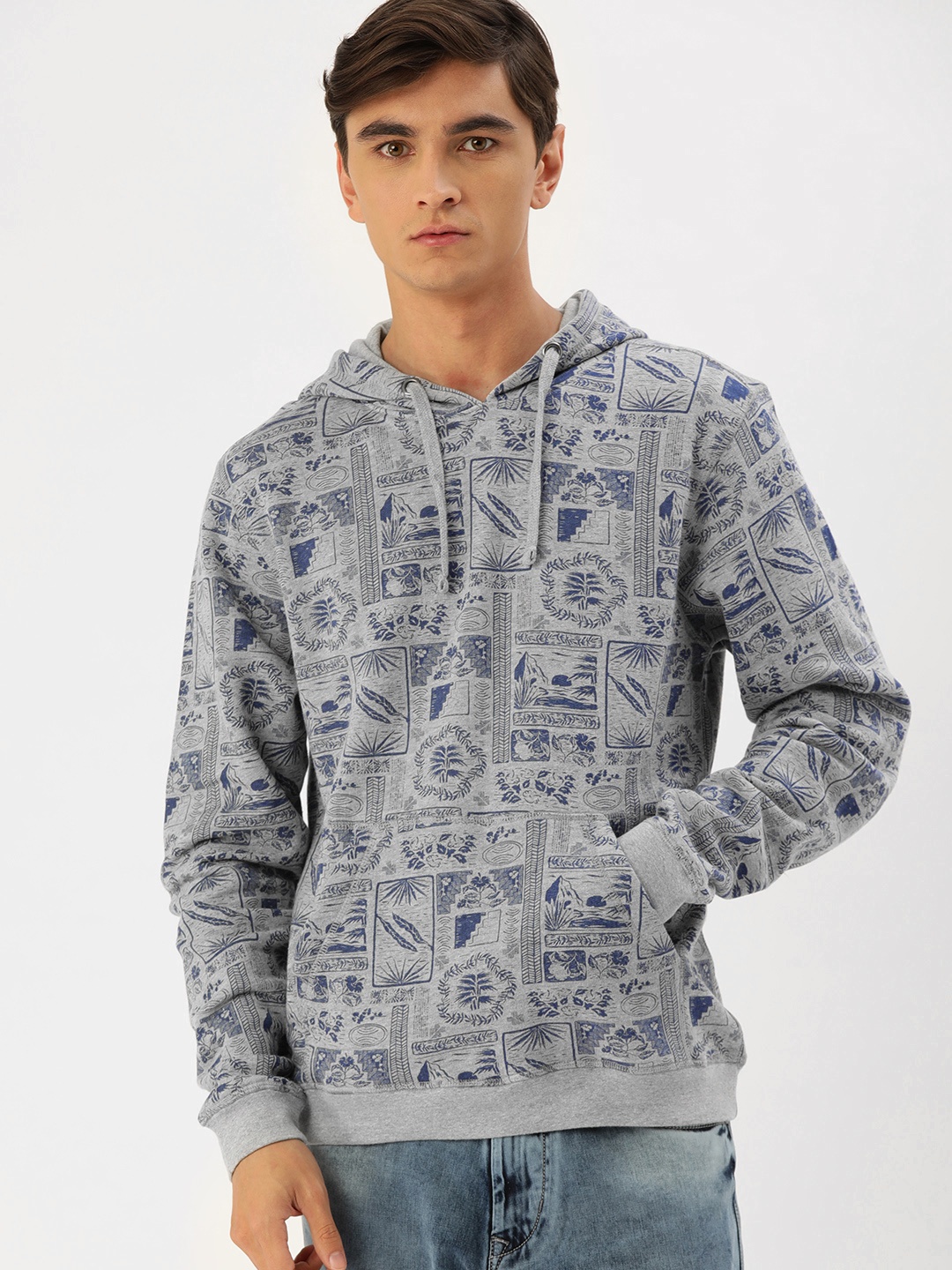 

Flying Machine Men Grey Melange & Blue Printed Hooded Pullover Sweatshirt