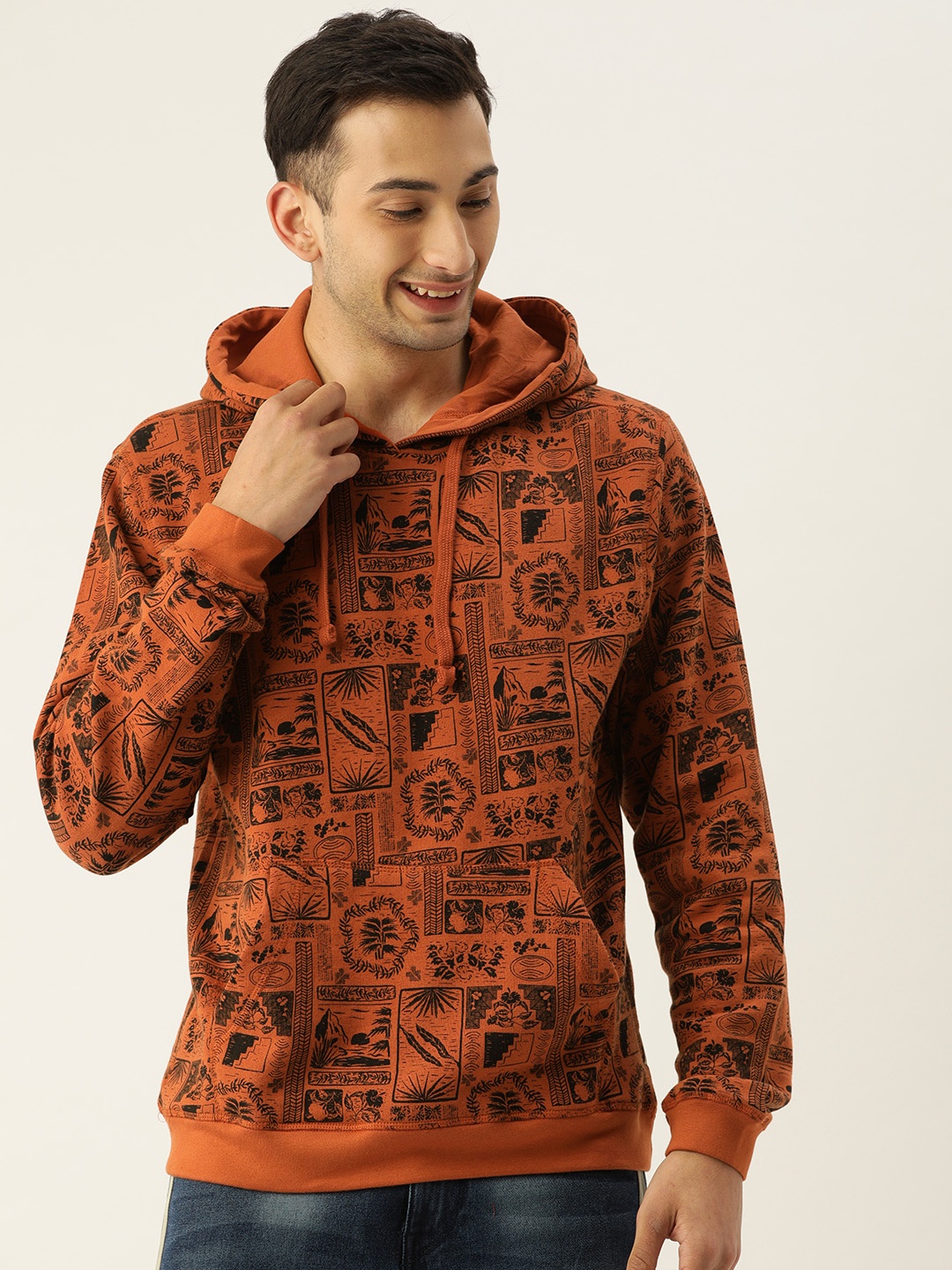 

Flying Machine Men Rust Orange & Black Printed Hooded Sweatshirt