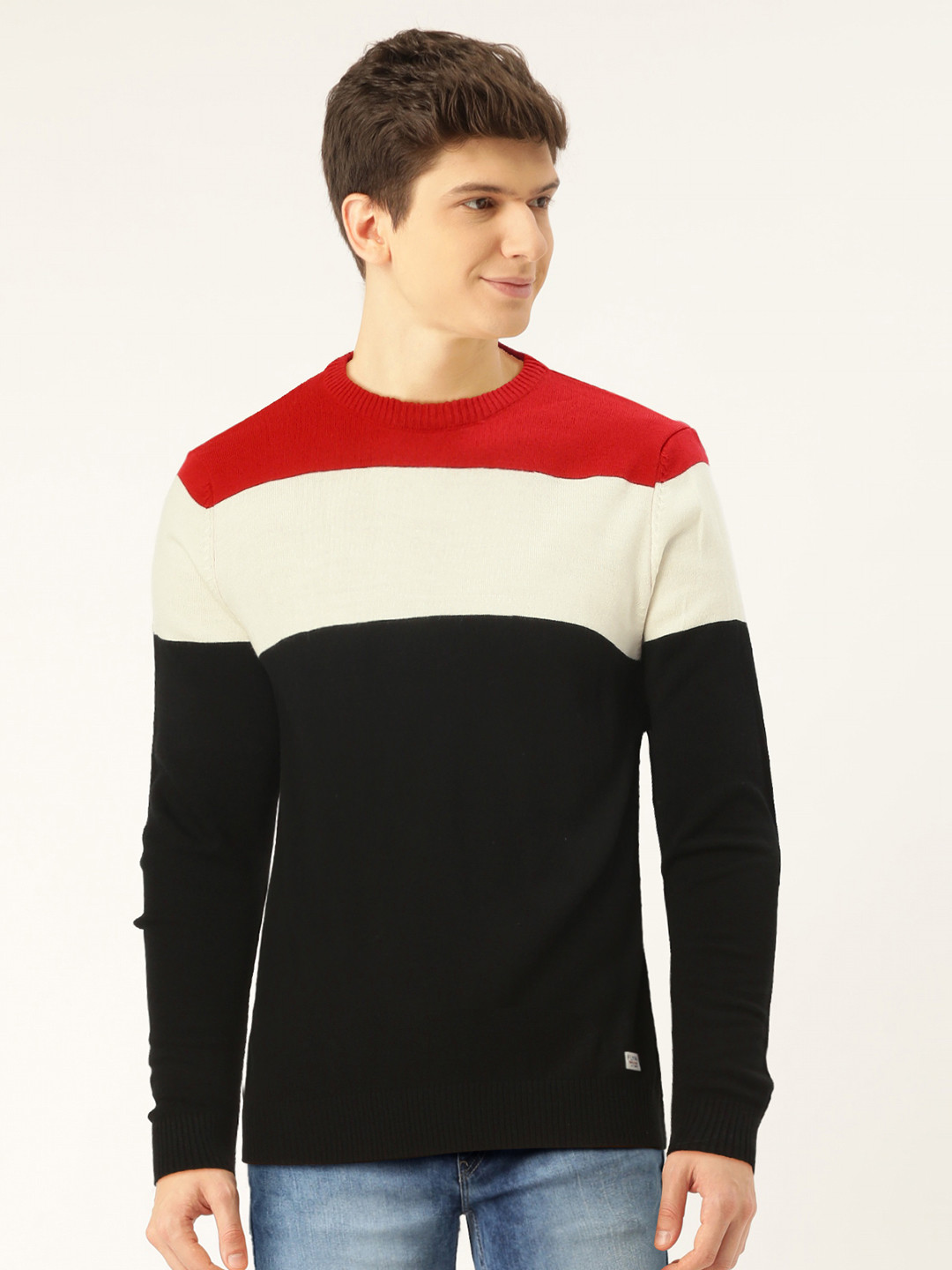 

Flying Machine Men Black & Off White Colourblocked Pullover Sweater