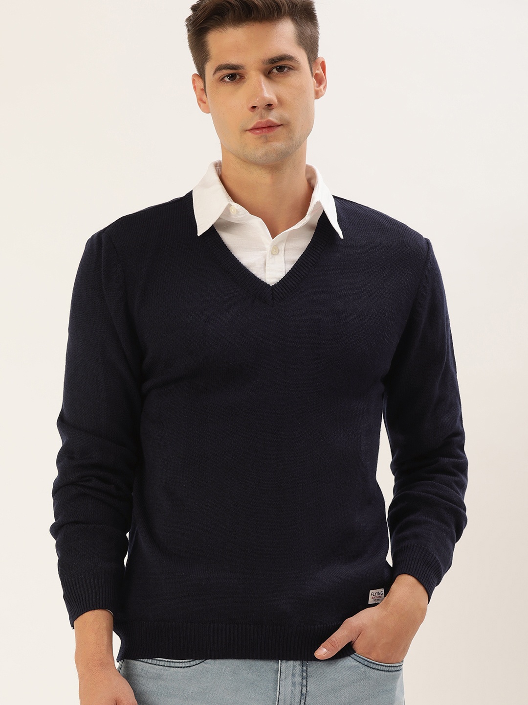

Flying Machine Men Navy Blue V-Neck Pullover Sweater