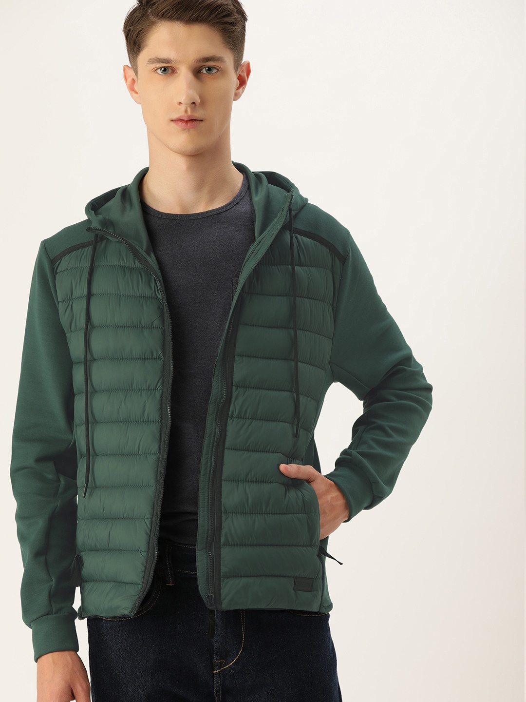 

Flying Machine Men Olive Green Solid Hooded Puffer Jacket