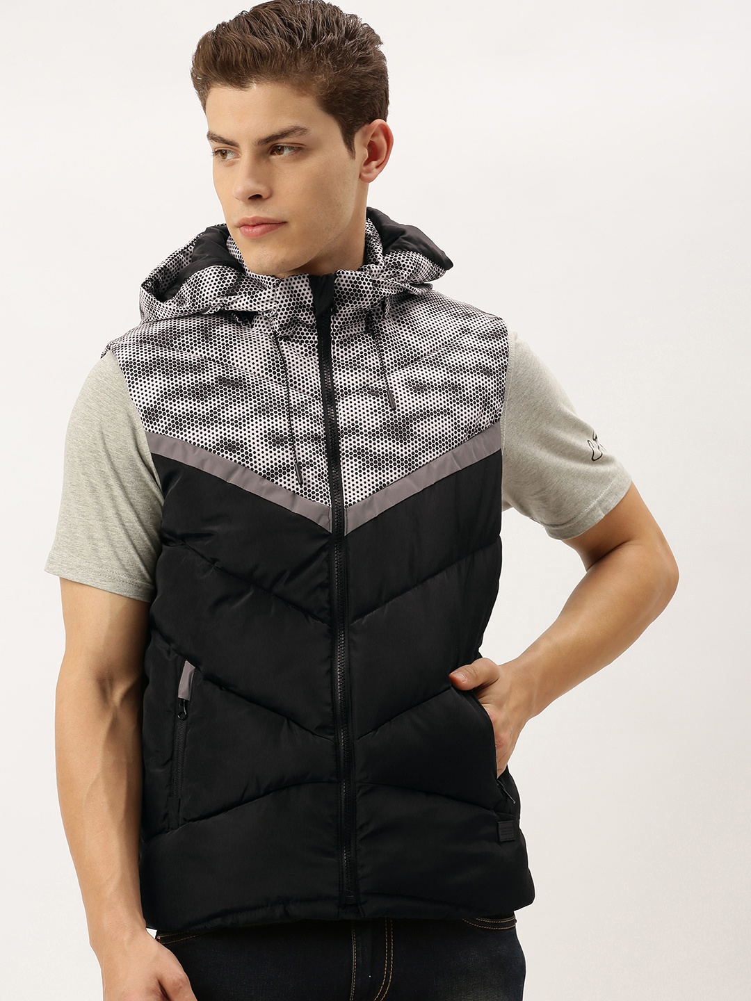 

Flying Machine Men Black & White Colourblocked Puffer Jacket