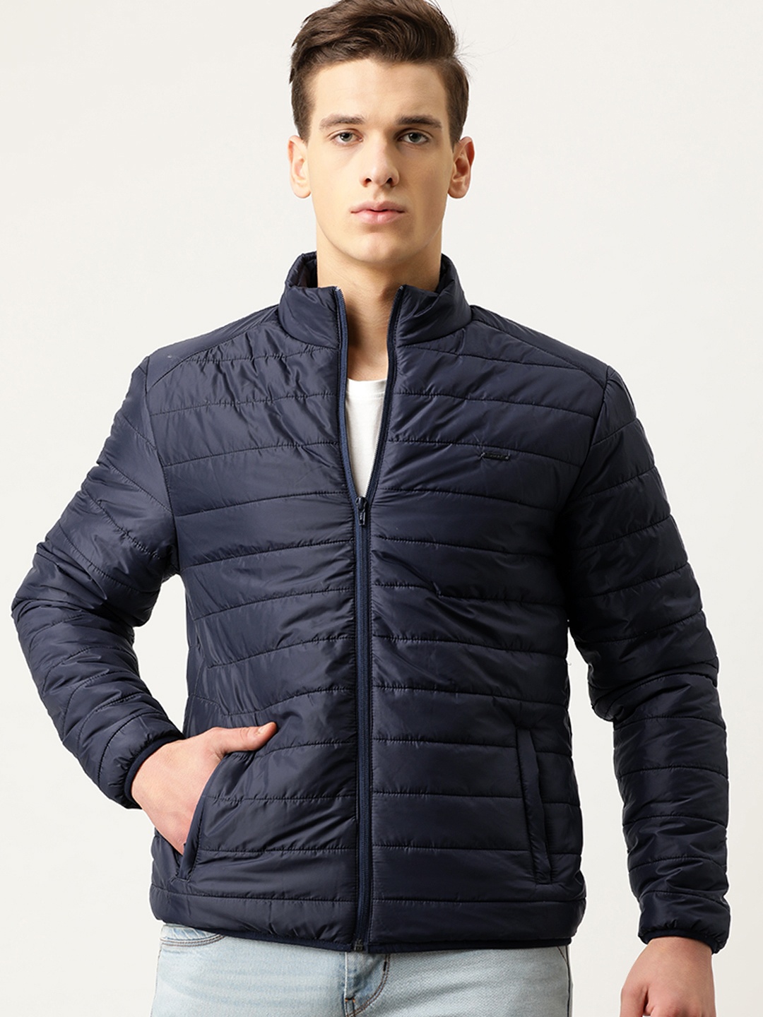 

Flying Machine Men Navy Blue Solid Padded Jacket