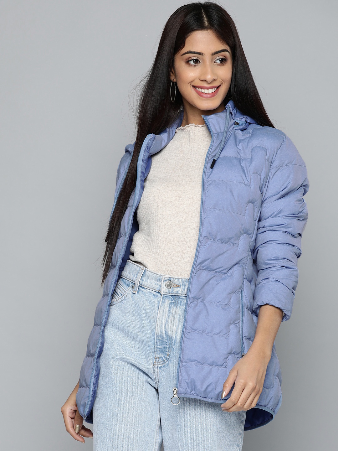 

Fort Collins Women Blue Solid Padded Jacket with Detachable Hood