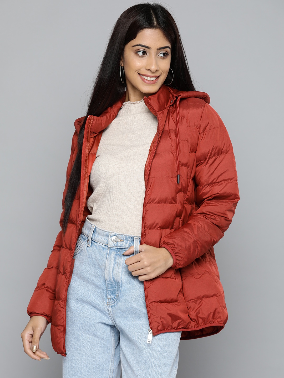 

Fort Collins Women Rust Red Solid Padded Jacket with Detachable Hood
