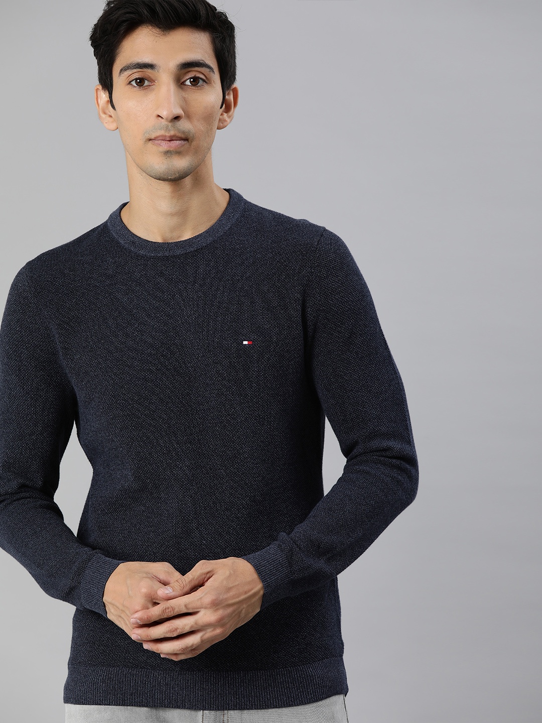 

Tommy Hilfiger Men Navy Blue Self Design Pullover Sweater