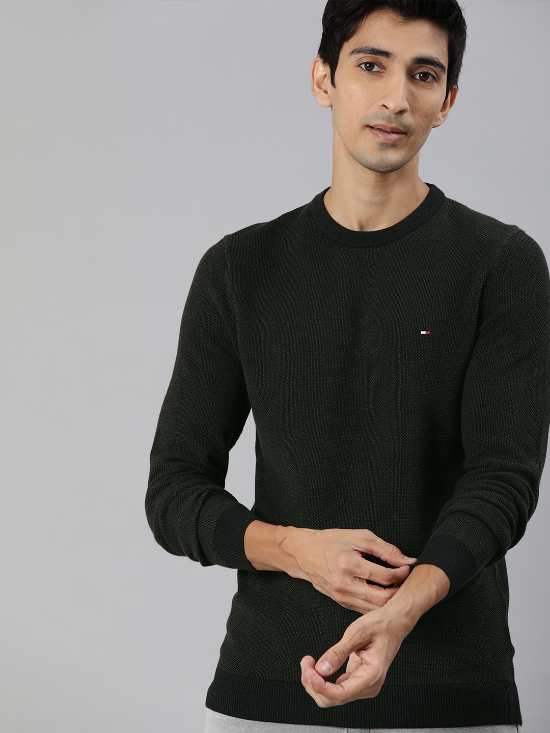 

Tommy Hilfiger Men Green Self Design Pullover Sweater
