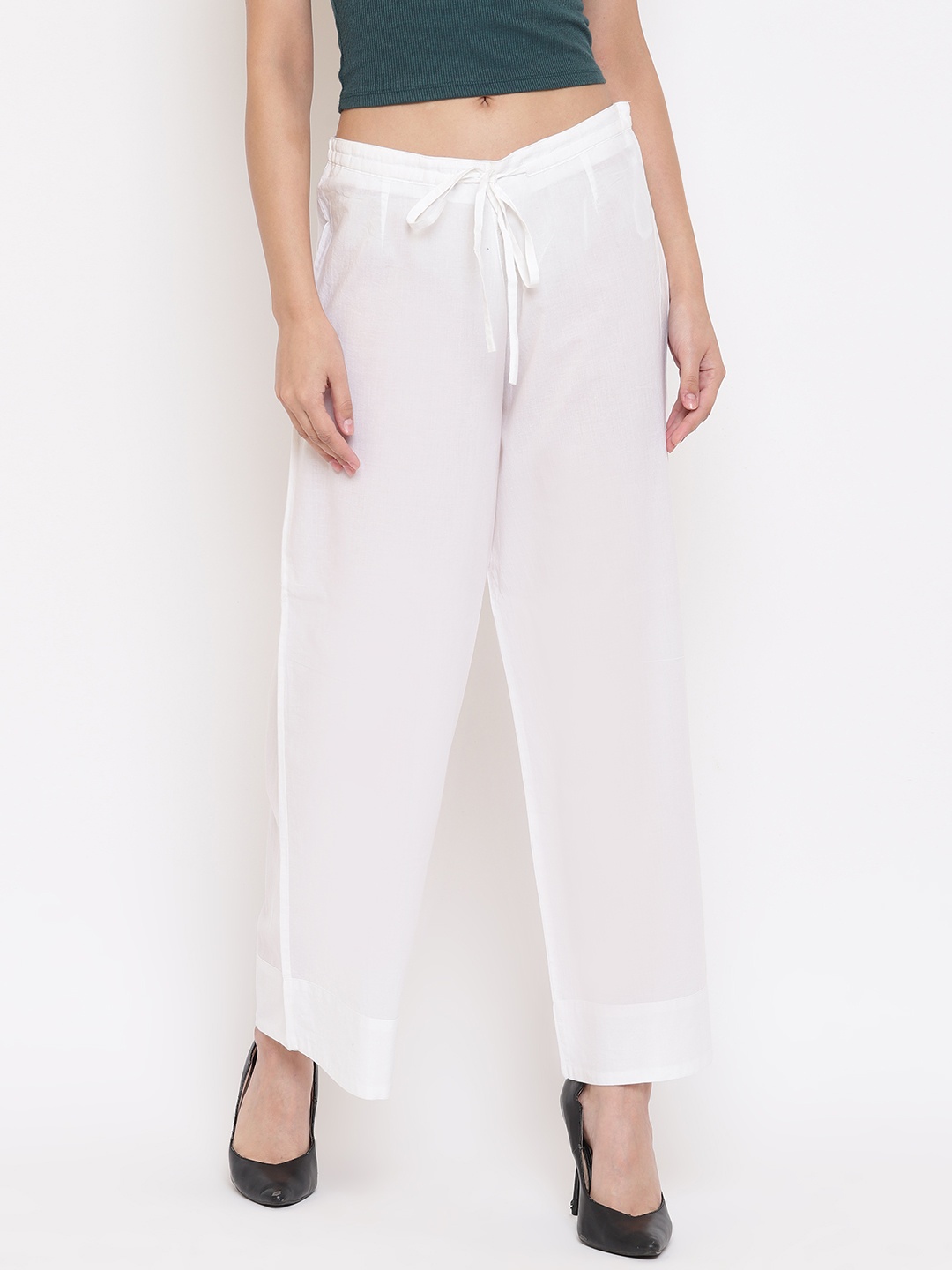 

Janasya Women White Self Design Straight Palazzos