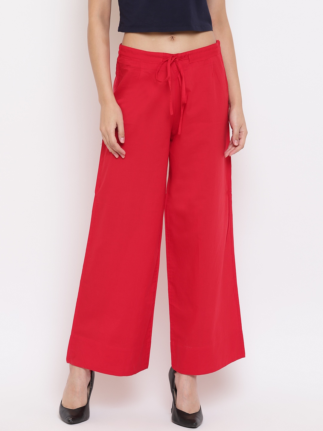 

Janasya Women Red Solid Straight Palazzos