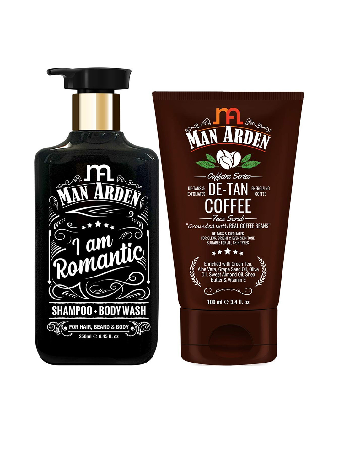 

Man Arden Set of I Am Romantic Shampoo+Body Wash 250ml & De-Tan Coffee Face Scrub 100ml, Black