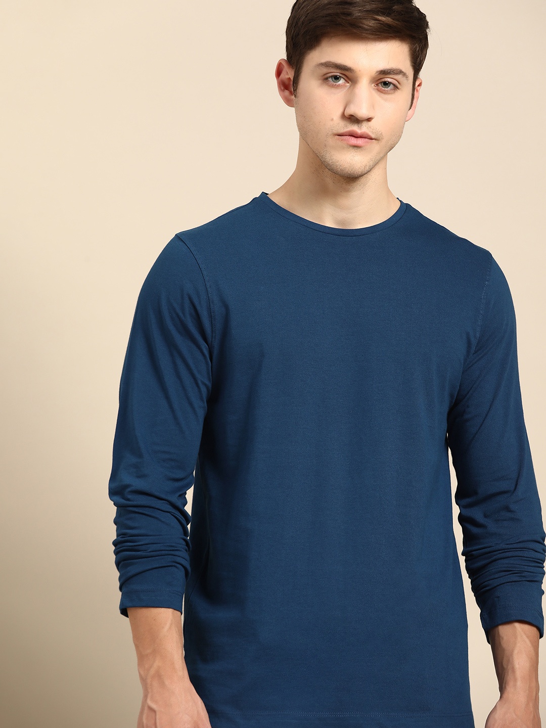 

ether Men Navy Blue Pure Cotton Solid Round Neck T-shirt