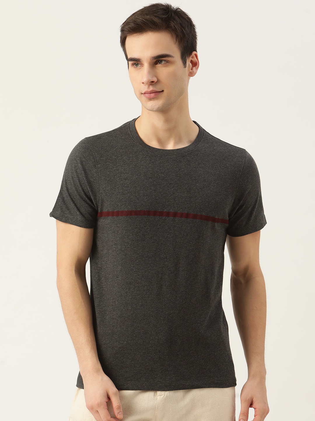 

ether Men Charcoal Grey & Maroon Striped T-shirt