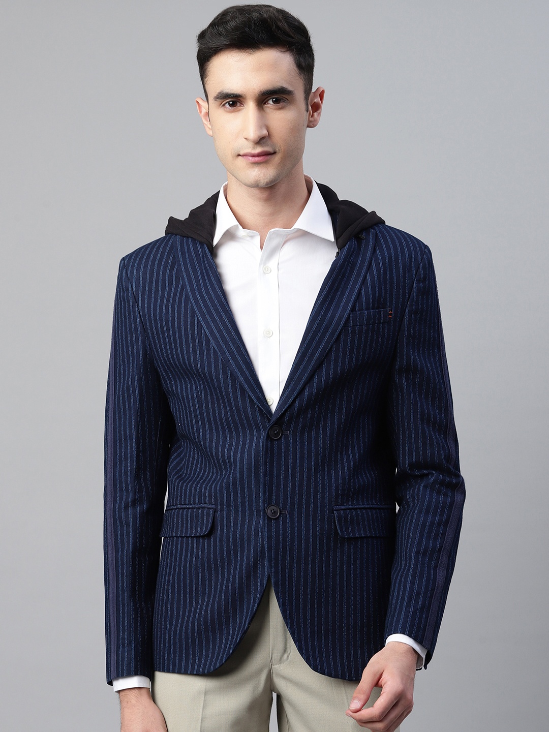 

Blackberrys Men Navy Blue Slim Fit Striped Single-Breasted Formal Pure Cotton Blazer With Hood