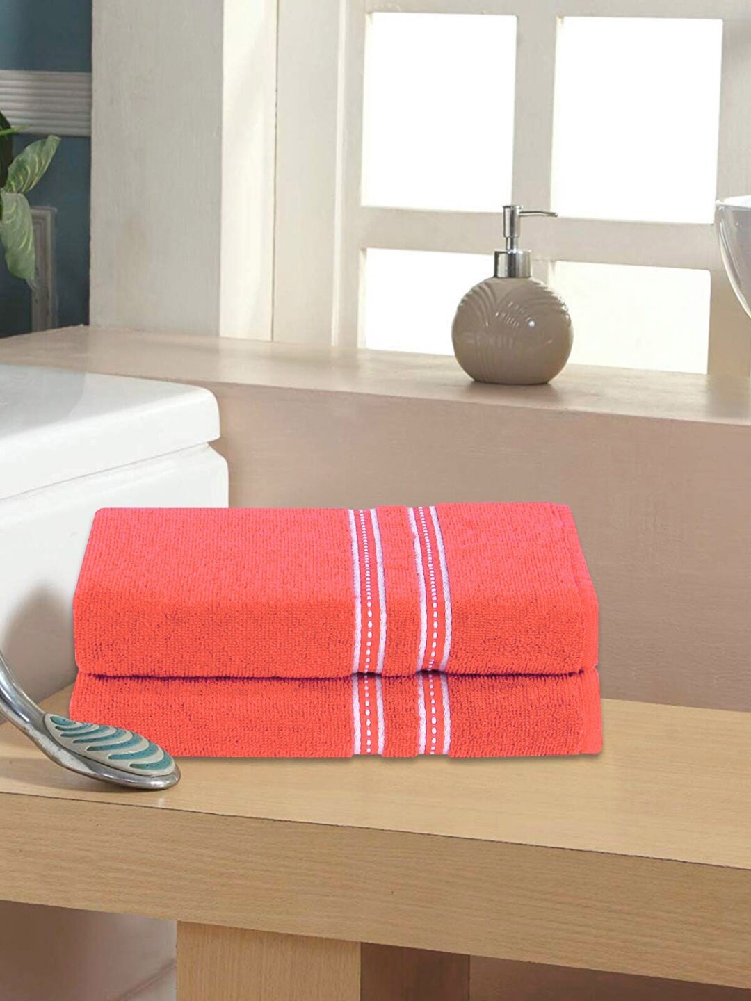 

ROMEE Unisex Set of 2 Red Solid 400 GSM Large Cotton Bath Towels, Coral