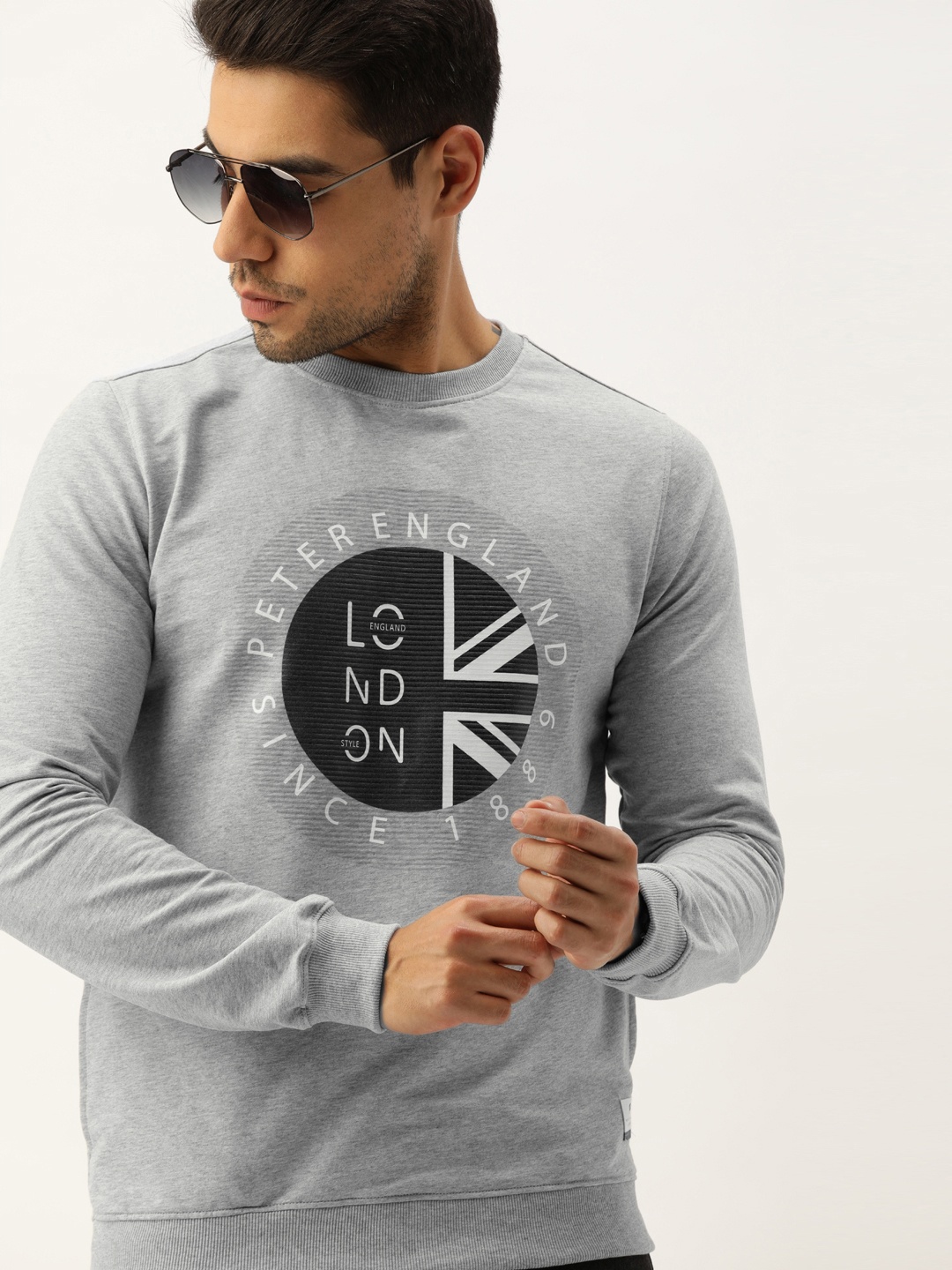 

Peter England Men Grey Melange & Black Printed Sweatshirt