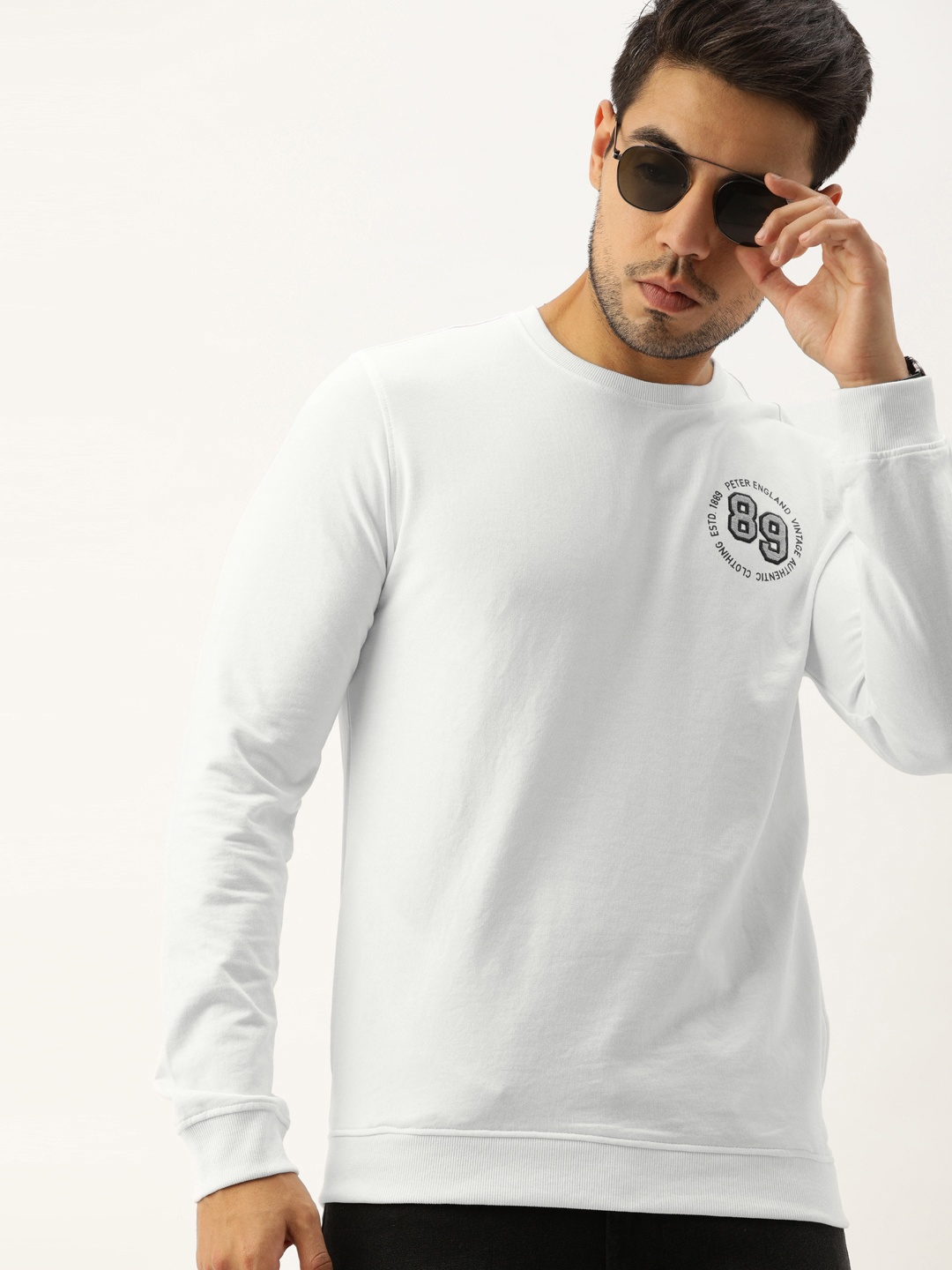 

Peter England Men White Solid Sweatshirt with Embroidered Detail